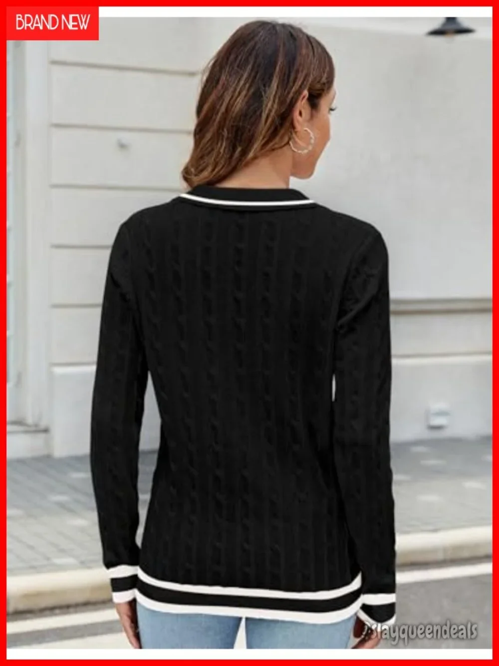 Lapel V Neck Cable Knit Pullover Sweater Long Sleeve Soft Jumper